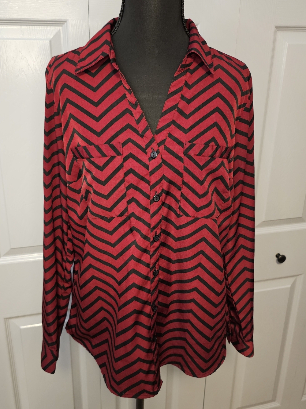 Button-Up Blouse - Deep Crimson & Black Chevron